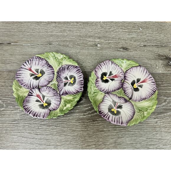 Vtg. Fitz and Floyd Pansy Parade Purple April Pansies 6” Saucer ~set Of 2 - Picture 2 of 5